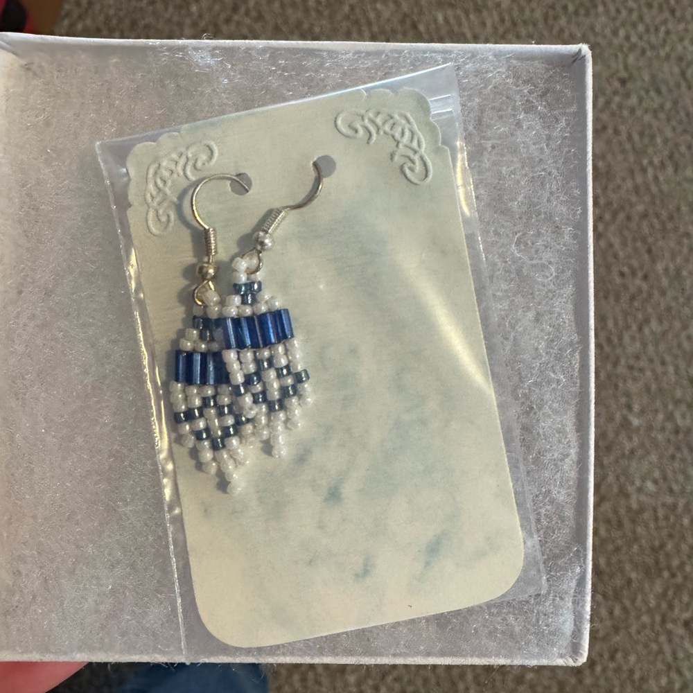 Blue and White Beaded Dangle Earrings NWOT
